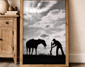 Western Cowboy Poster Horse Ranch Silhouette Black White Wall Art
