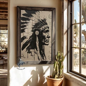 Native American Warrior Ink Drawing Art Print: Sioux Rider, Western Decor