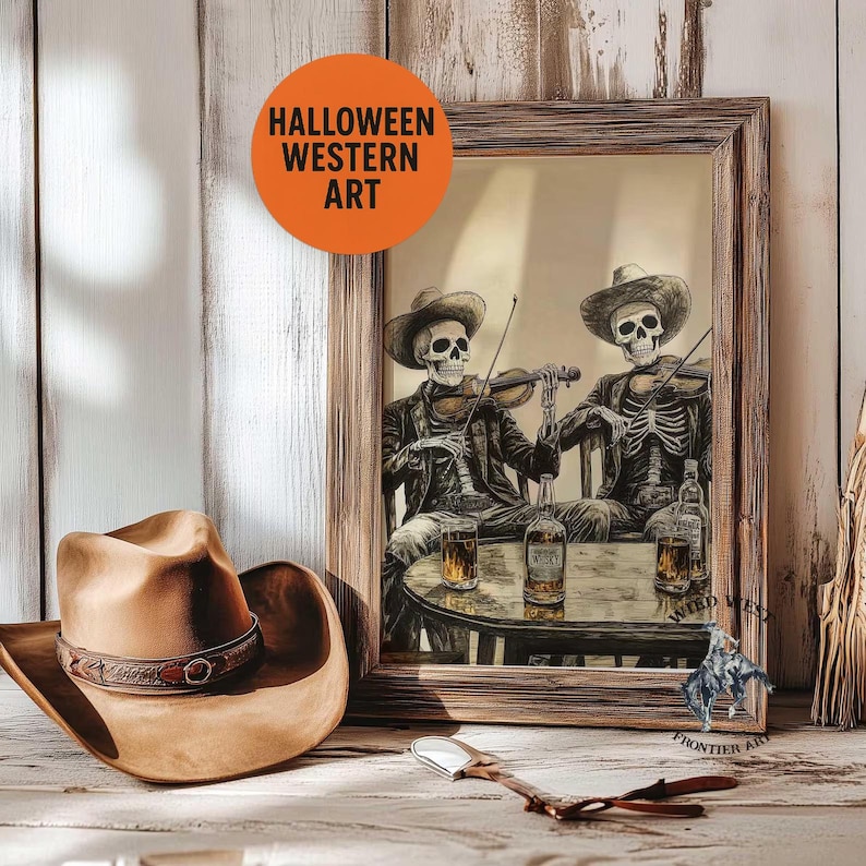 May include: A framed artwork with a Halloween Western theme. The image features two skeleton cowboys playing violins at a table with whiskey bottles and glasses. A brown cowboy hat and a decorative spoon are in the foreground. The artwork is labeled "Halloween Western Art."