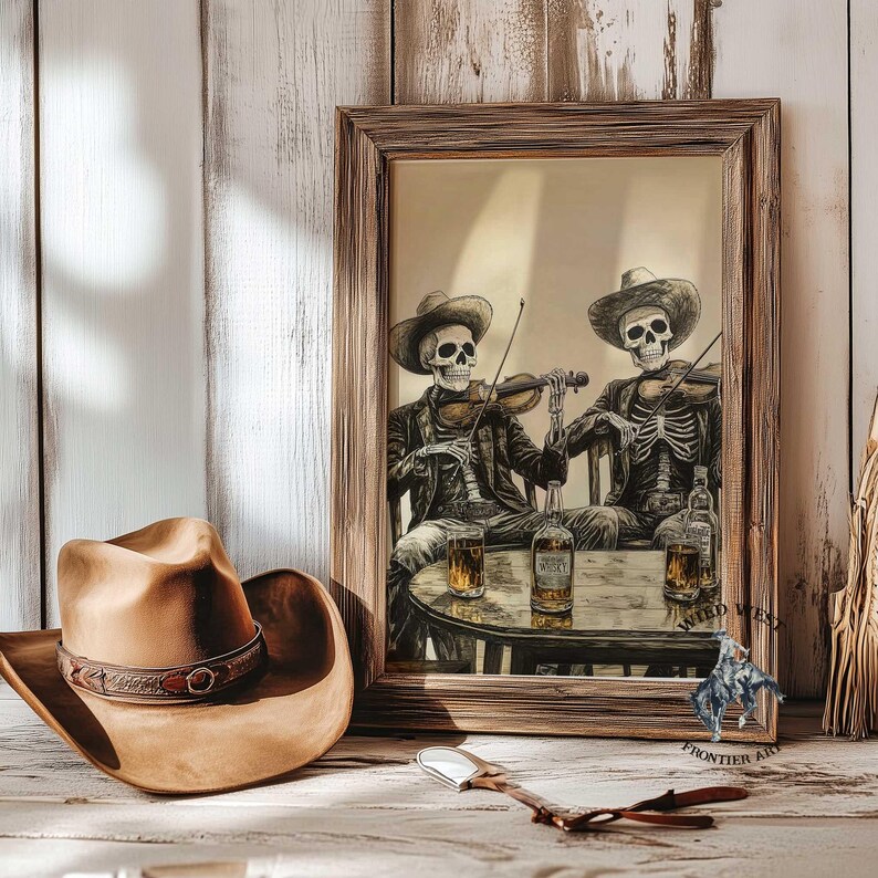 May include: A framed print depicts two skeleton cowboys playing violins at a table with whiskey bottles and glasses. A brown cowboy hat with a decorative band sits in the foreground. The artwork is in a rustic style.