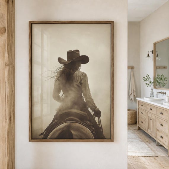 Western Cowgirl Poster Horseback Rider Wall Art Rustic Ranch Decor