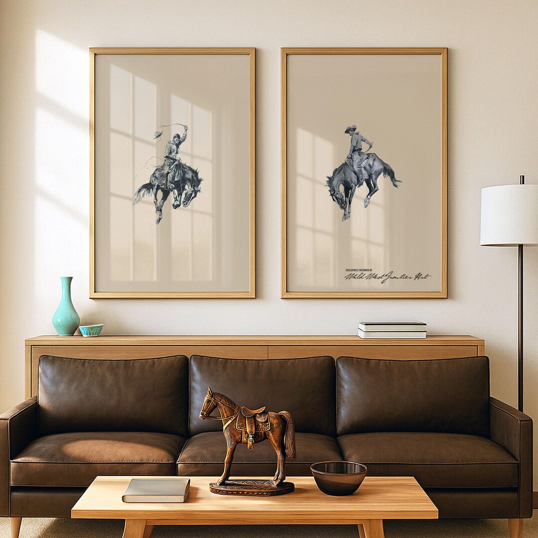 Rodeo Cowboy Art Print Set 36x48, Western Wall Art, Bronco Rider ...