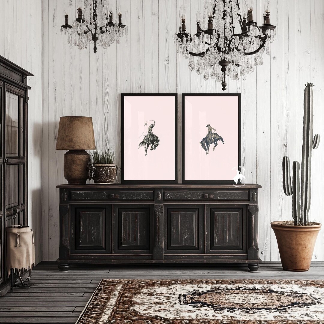 Pink Western Room Poster Set, Bucking Broncos, Gift for Her, Cowboy