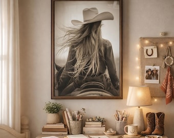 Cowgirl and Horse Western Art Print: Rustic Home Decor