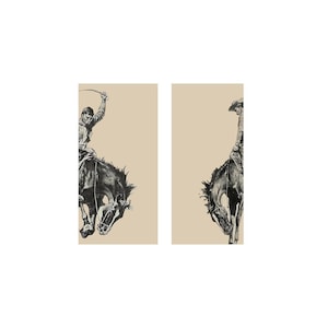 May include: Two-panel artwork featuring a cowboy riding a bucking bronco. The black and white illustrations depict the cowboy with a raised arm and whip, set against a tan background. The artwork captures the energy and action of a rodeo.