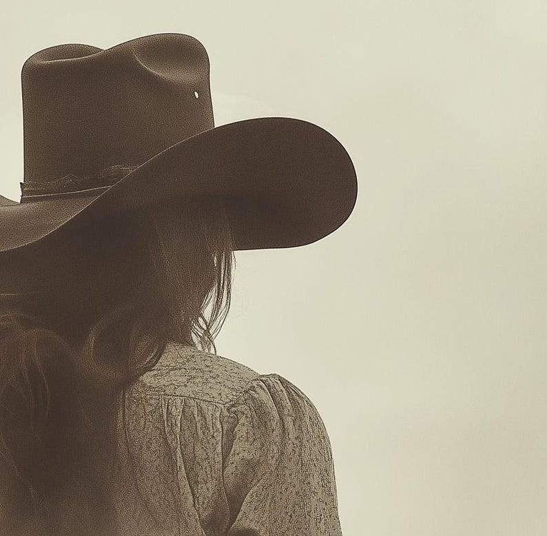 May include: A dark brown cowboy hat with a wide, curved brim and a creased crown, worn over long hair. The hat features a thin, dark band around the base of the crown. The overall tone of the image is sepia, highlighting the texture of the hat.