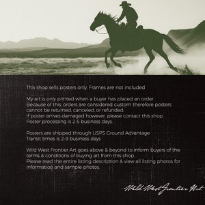 May include: A black and white silhouette of a cowboy riding a horse through a desert landscape. The text "Wild West Frontier Art" is at the bottom of the image.