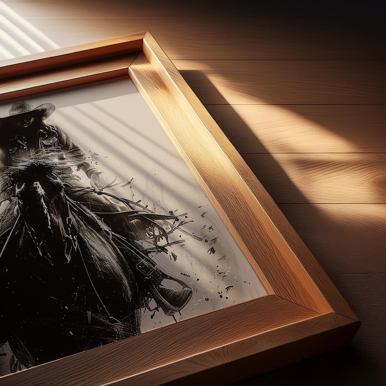 May include: A framed black and white illustration of a person wearing a cowboy hat riding a horse. The artwork is encased in a light-toned wooden frame with a visible grain texture, positioned at an angle to show depth and detail.