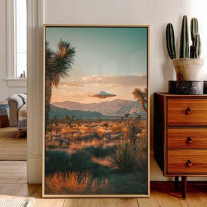 UFO Over Joshua Tree Poster, Desert Alien Wall Art, Vintage Sci Fi Print, Rustic Southwest Decor, Holiday Space Art, Cosmic Gift, Western