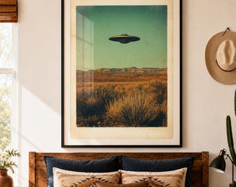LARGE Retro Western UFO Desert Poster Southwestern Alien Wall Art
