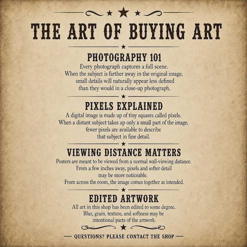 May include: A beige informational poster titled THE ART OF BUYING ART with dark brown text. It includes sections on Photography 101, Pixels Explained, Viewing Distance Matters, and Edited Artwork, explaining how digital images and posters are viewed.