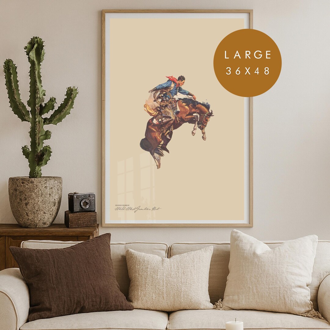 Large 36x48 Bronc Rider Western Art Print, Vintage Rodeo Cowboy Poster ...