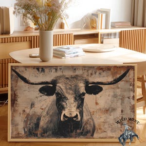 Longhorn Bull Poster, Western Wall Art, Distressed Cowboy Decor, Rustic Farmhouse Print, Texas Longhorn Art, Country Wall Poster, Gift