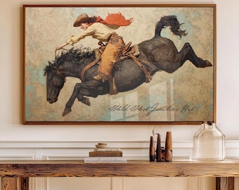 Cowgirl Bucking Bronco Art Print: Vintage Western Decor