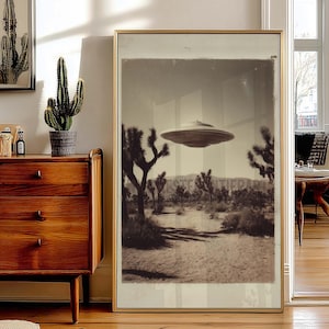 Vintage UFO Joshua Tree Poster, Retro Alien Desert Wall Art, Sepia Flying Saucer Print, Mid Century Sci Fi Home Decor, Holiday Gift