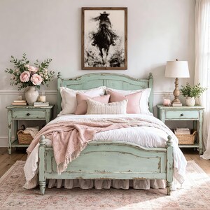 May include: A light green wooden bed frame with a distressed finish, featuring a headboard and footboard. The bed is dressed with white bedding, a textured pink throw blanket, and several pink and white pillows. Two matching nightstands flank the bed.