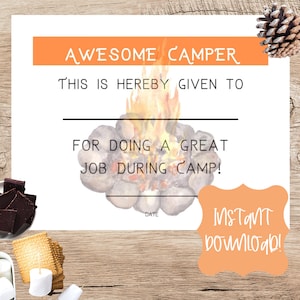 Awesome Camper Certificate Printable/Camping Theme Award Certificate