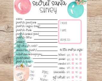 Puede incluir: Una encuesta de Secret Santa imprimible con un diseño de adorno navideño de acuarela rosa y azul. La encuesta solicita información sobre la comida, la bebida, la tienda, el pasatiempo y más de la persona. También incluye una sección para alergias y preferencias de regalos.