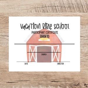 Certificado de Escuela Bíblica / Certificado de Premio de Escuela Bíblica de Vacaciones en la Granja / Certificado de Participante de Escuela Bíblica / Certificado de Escuela Bíblica de Vacaciones en la Granja para Niños