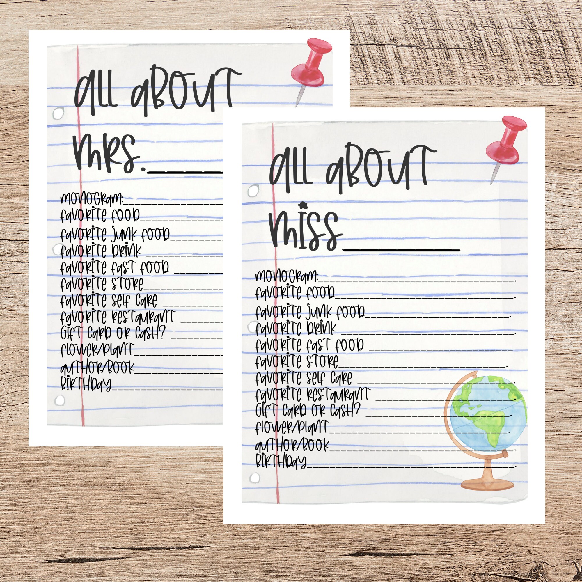 Teacher Gift/teacher Favorite Things Printable Form Bundle/teacher ...