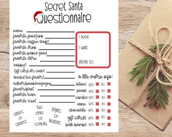 Puede incluir: Un cuestionario imprimible de Secret Santa con una ilustración de un Papá Noel rojo. El cuestionario solicita preferencias personales como comida, bebida y pasatiempos favoritos. También incluye una sección para alergias y una sección de "un poco más de información" con casillas de verificación para preferencias como lociones, libros, velas, vino, chocolate, tarjetas de regalo y bombas de baño.