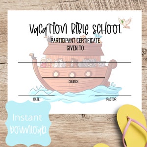 Bible School Certificate/ Vacation Bible School Award Certificate/Bible School Participant Certificate/Noah&#39;s Ark VBS Certificate for Kids