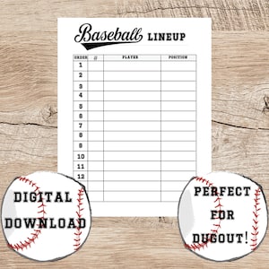 Baseball Lineup Printable/Team Organizer/Tee Ball Roster/12 player list for Dugout/Batting Lineup/Baseball Dugout List