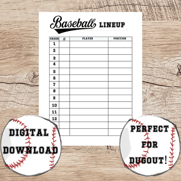 Baseball Lineup Printable/Team Organizer/Tee Ball Roster/12 player list for Dugout/Batting Lineup/Baseball Dugout List