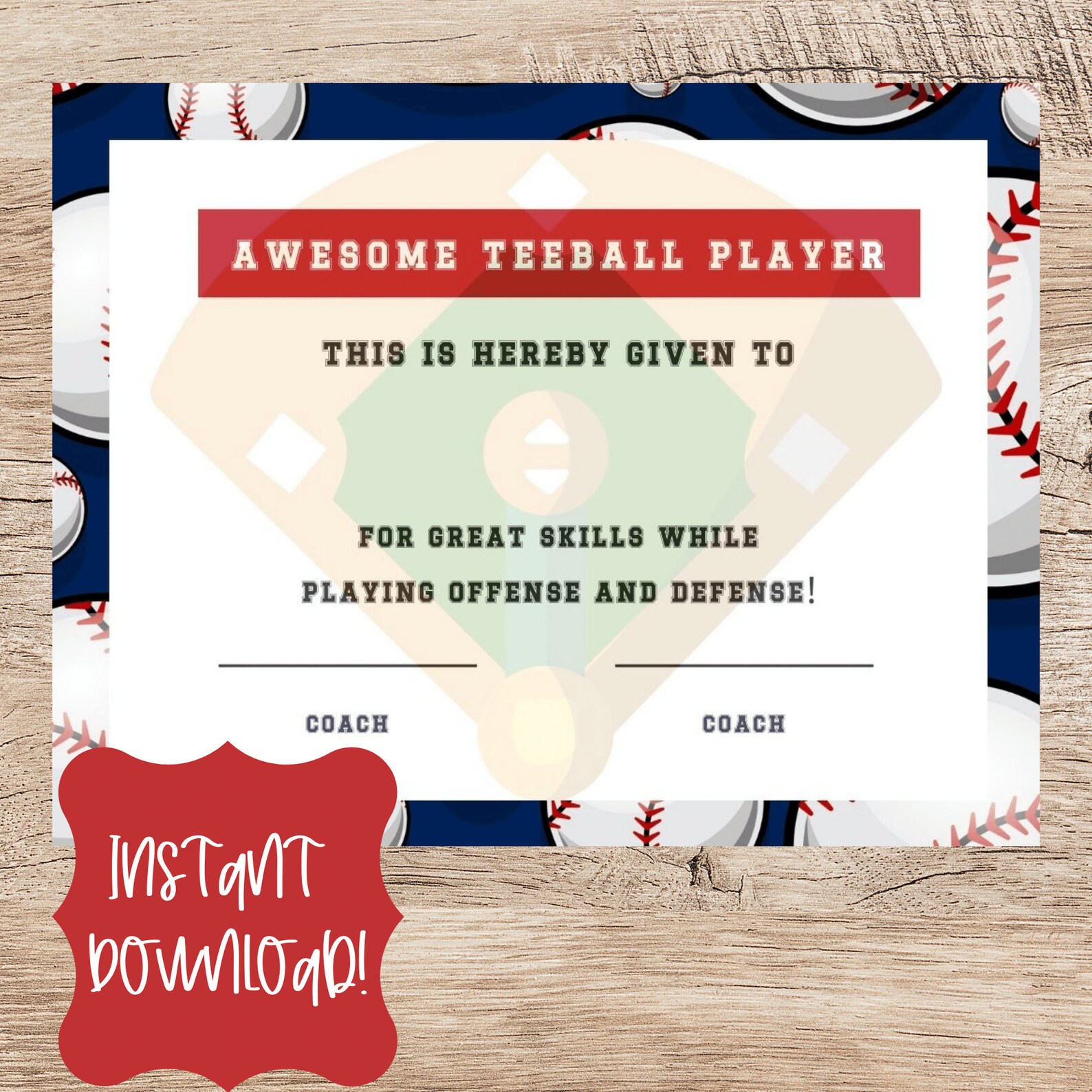 Baseball Award Certificate Printable Tee Ball Player Award Etsy