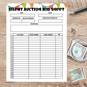May include: A printable silent auction bid sheet with 20 numbered rows for bidders to fill in their full name, phone number, email address, and bid amount. The sheet has a section for item details, including starting bid, minimum bid increment, and a description. The sheet is designed with a colorful banner at the top.