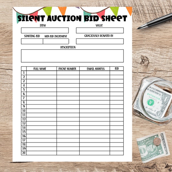 Silent Auction Bid Sheet Printable Template/Fundraiser Bid Sheet Printable/Editable Bid Sheet for Silent Auction