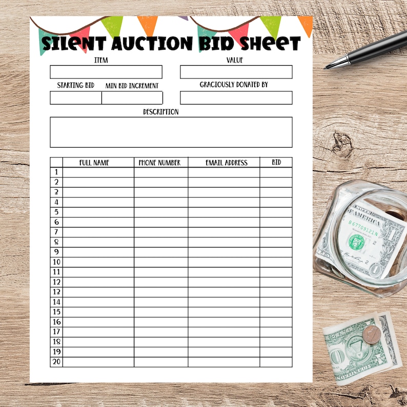 Silent Auction Bid Sheet Printable Template/fundraiser Bid Sheet