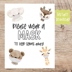 Printable Doctor&#39;s Office Sign/Wear a Mask Sign/Please Wear a Mask Sign to Keep Kids Safe/ Printable Sign with Jungle Animals