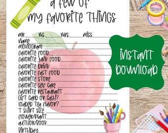 Teacher Favorite Things Form/teacher Appreciation Gift - Etsy