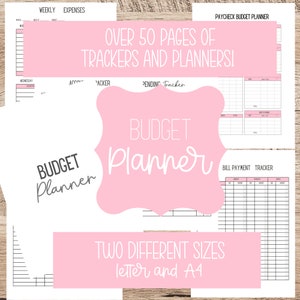 Könnte beinhalten: Ein rosa-weißer druckbarer Haushaltsplaner mit dem Text "BUDGET Planner" in großer weißer Schrift. Der Planer umfasst über 50 Seiten mit Trackern und Planern, darunter ein wöchentlicher Ausgaben-Tracker, ein Haushaltsplaner für Gehaltsschecks, ein Pending-Tracker und ein Tracker für Rechnungszahlungen. Der Planer ist in zwei Größen erhältlich: Letter und A4.