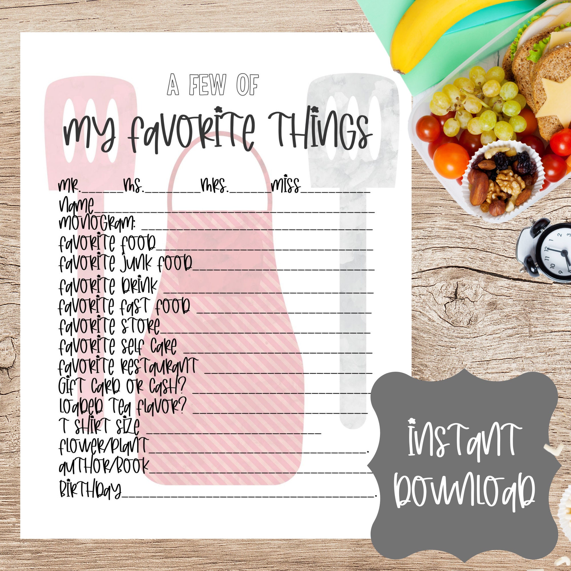 Teacher Appreciation Lunch Lady Gift/ Cafeteria Worker Favorite Things Printable Form/ Teacher ...