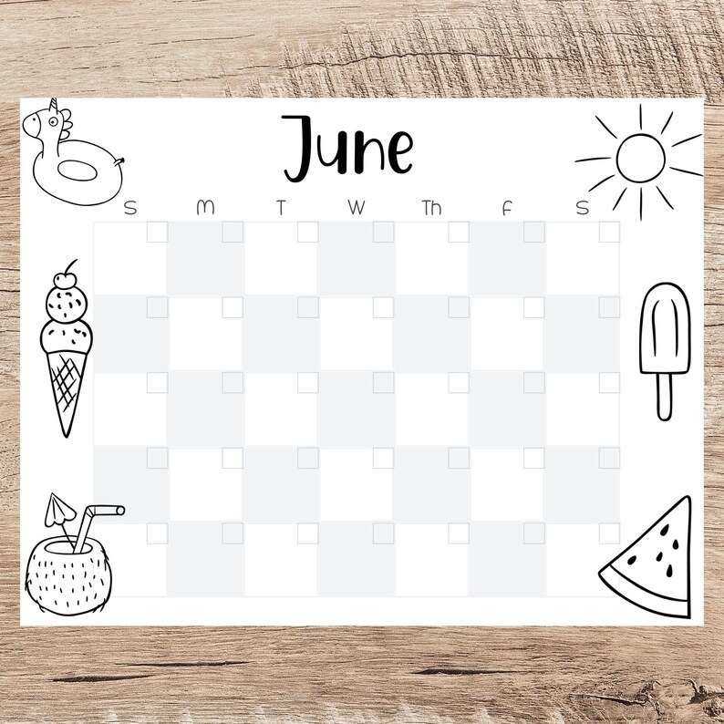 June Calendar Printable/ Printable Calendar Coloring Page/desk - Etsy UK
