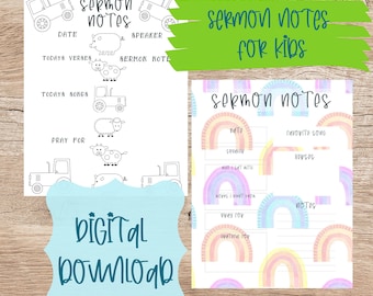 Sermon Notes Printable, Bundle of Sermon Notes for Kids,  worship notes, church notes planner, Bible study planner. scripture notes