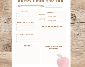 Substitute Teacher Note Template: Editable Form (Digital Download)