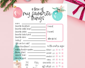 Puede incluir: Una etiqueta de regalo de Navidad imprimible rosa y blanca con un diseño de adorno de acuarela. La etiqueta incluye una lista de preguntas para ayudarte a conocer mejor a alguien, como su comida, bebida y pasatiempo favoritos. La etiqueta también incluye una sección para alergias y una lista de ideas de regalos con opciones de sí o no.