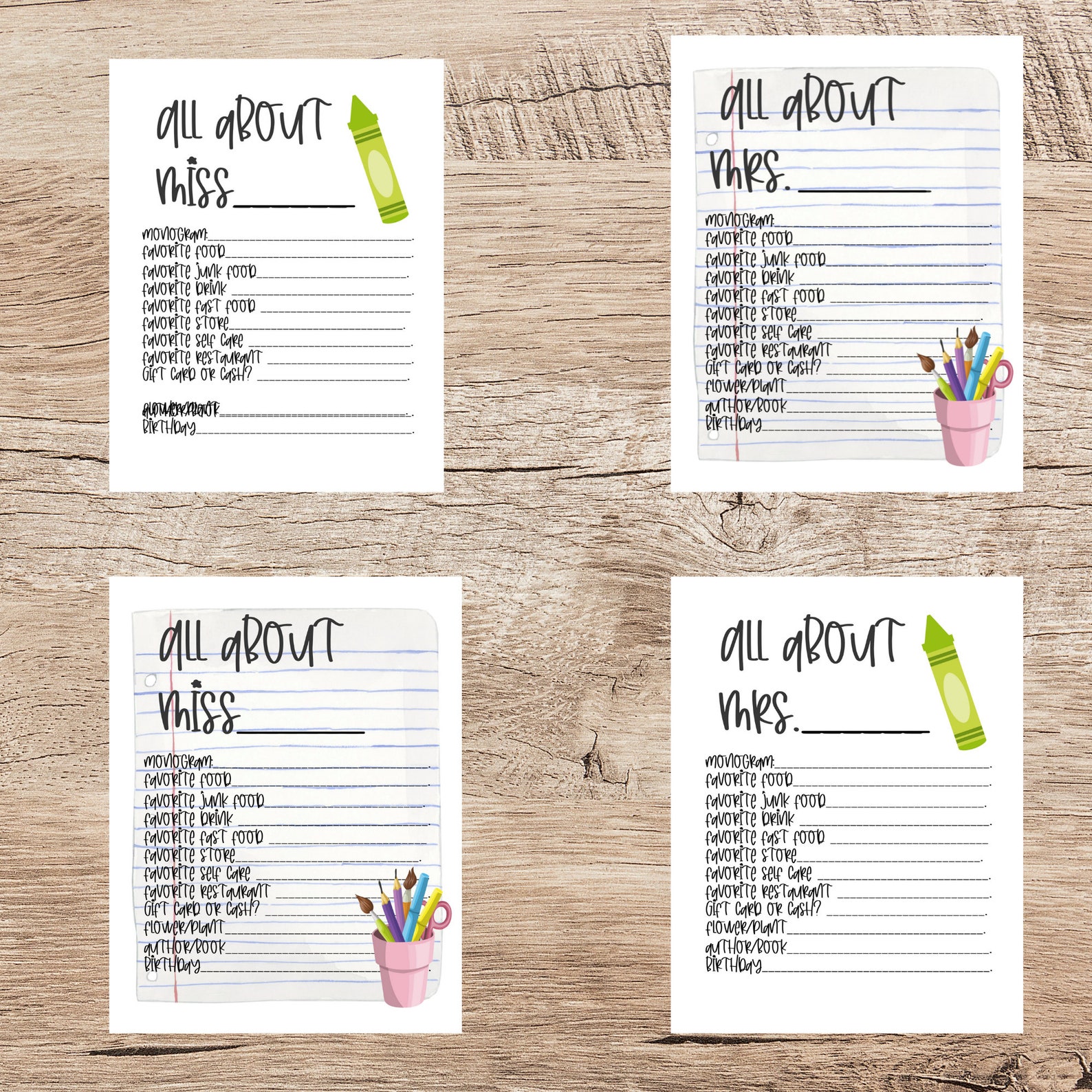 Teacher Gift/teacher Favorite Things Printable Form Bundle/teacher ...