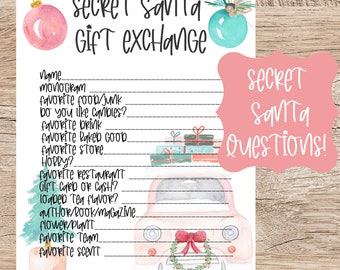 Puede incluir: Un cuestionario imprimible para un intercambio de regalos de Secret Santa con una ilustración de un coche rosa y adornos navideños de acuarela. El cuestionario solicita información como el nombre, la comida favorita, la bebida, el pasatiempo, etc.