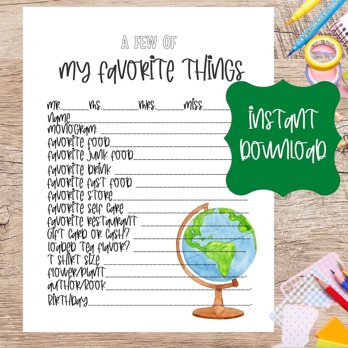 Teacher Favorite Things Printable/ Teacher Appreciation Week