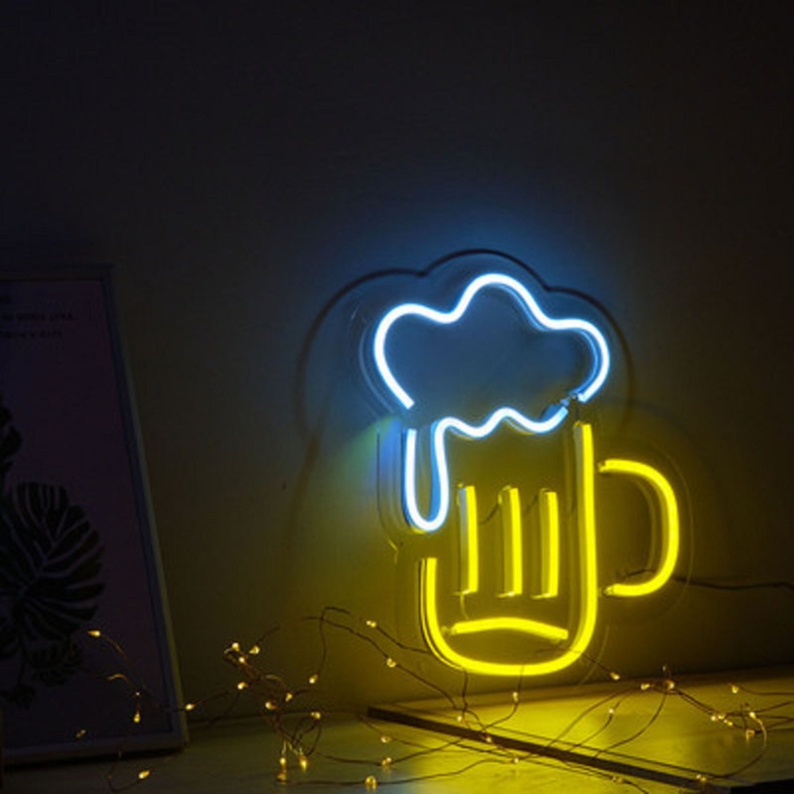 Signe Lumineux Dimmable Néon Bière Jaune Ouvert - Enseigne Lumineuse Bar Décoration Murale