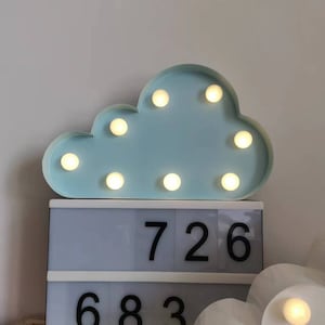 Könnte beinhalten: Ein hellblaues, metallenes Schild in Wolkenform mit sieben weißen Glühbirnen. Das Schild steht auf einem weißen Regal mit den Zahlen 726 und 683.