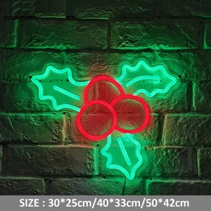 Christmas Holly Leaf and Berries Neon Sign with Acrylic Board Christmas Neon Decor Christmas Decoration Gift