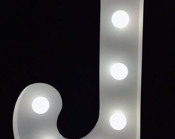 Hand Made Metal White Marquee Letter J kight Up  9" Alphabet Letter Night Light Nursery Light  Kids Room wedding decor