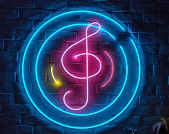 May include: A neon sign with a treble clef in pink and blue, surrounded by concentric circles in blue. The sign is on a brick wall. SIZE: 40*40cm/50*50cm
