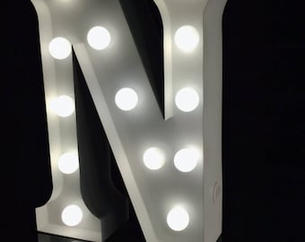 Vintage Hand made metal white N marquee letter light 9"height light up alphabet letter night light nursery light  kids light wedding decor