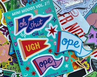 Mini Moods Vol 2 - Vinyl Sticker Sheet - Oh Sh*t, Ope, Ugh waterproof stickers